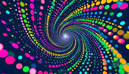 An abstract digital illustration of a swirling vortex made from vibrant, multicolored dots on a dark background.