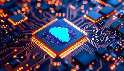Cloud computing chip with glowing orange circuits and a blue cloud icon.