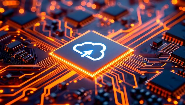 Close-up of a computer chip with a cloud icon, representing cloud computing and data transfer.