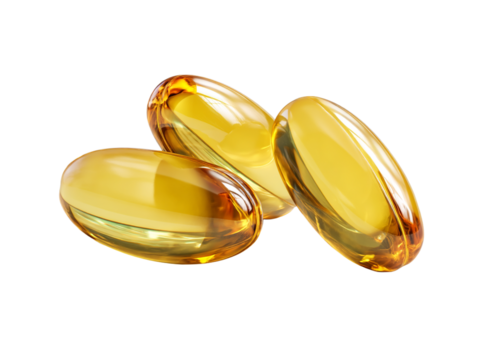 Soft gel capsules arranged on a white surface showcasing their glossy amber appearance and smooth texture.  PNG file