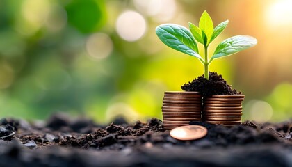 A young plant sprouts from a pile of coins, symbolizing financial growth and investment.