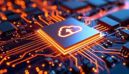 Close-up of a computer chip with a cloud icon, symbolizing cloud computing and data storage.