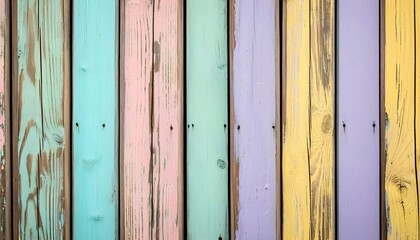 A close-up shot of a weathered wooden fence painted in pastel colors.