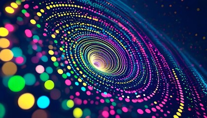 Vibrant abstract tunnel of glowing colorful dots creating a mesmerizing spiral effect in digital art.