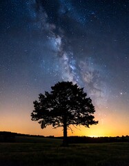 Silhouette of a lone tree against a starry night and an orange horizon