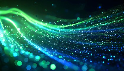 Abstract digital art with flowing lines of green and blue light and bokeh effects against a dark background.
