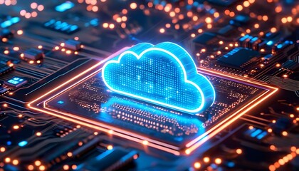 A glowing blue cloud icon hovers above a futuristic circuit board with orange neon lights, symbolizing cloud computing and digital technology.