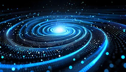 Abstract digital vortex of glowing blue particles and light, resembling a cosmic galaxy or data flow in a dark, infinite space.
