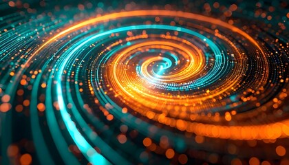 Abstract spiral of orange and blue lights, creating a dynamic and futuristic visual effect.