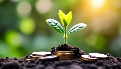 A young green plant sprout growing from a pile of soil and coins, symbolizing financial growth and investment.