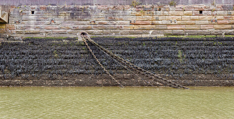 Maritime chains hang from an old stone