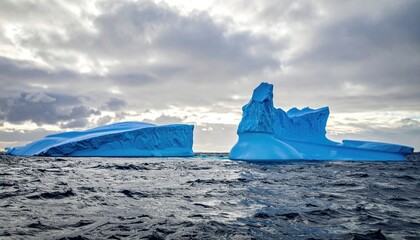 Two majestic icebergs, vibrant blue, float in a dark, choppy sea under a brooding, grey sky.  The larger iceberg is sharply sculpted, contrasting with the flatter, broader one beside it