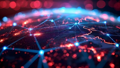 Abstract global network with glowing blue connections and red illuminated landmasses, symbolizing digital communication and technological advancement across the world.