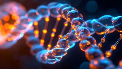 Close-up of a DNA double helix strand with orange and blue lighting.