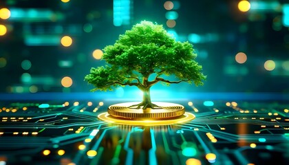A vibrant green tree growing from a stack of gold coins on a futuristic technology circuit board.