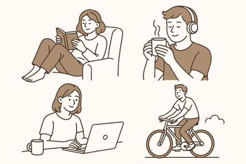 Collection of hand drawn illustrations depicting people enjoying leisure activities and hobbies at home and outdoors