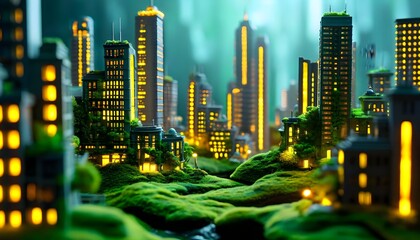 Miniature city with glowing buildings nestled in vibrant green mossy landscapes, creating an enchanting and eco-futuristic urban scene.