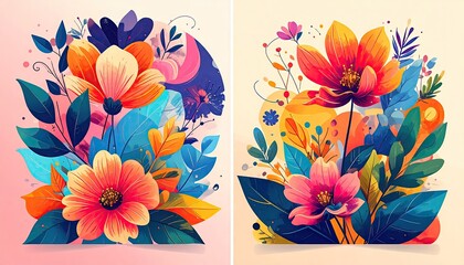 Two vibrant digital illustrations showcasing stylized floral bouquets, featuring bold colors, dynamic composition, and a blend of realistic and abstract elements