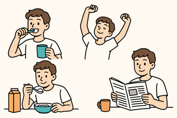 Young man performing daily morning routine activities like brushing teeth eating breakfast and reading newspaper