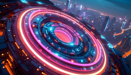 A futuristic neon-lit circular portal hovers above a sprawling, illuminated cityscape at dusk.
