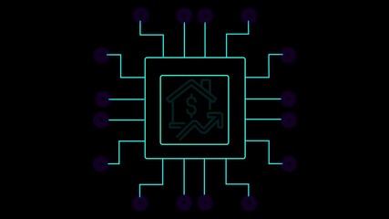 Green  glowing abstract circuit board icon  ,Neon glowing computer processor icon animation abstract digital  chip technology symbol on black background 4k - Powered by Adobe