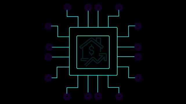  Green  glowing abstract circuit board icon  ,Neon glowing computer processor icon animation abstract digital  chip technology symbol on black background 4k