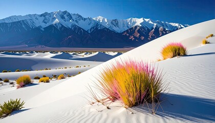 Vibrant desert grasses sprout amidst pristine white sand dunes, shadowed against a backdrop of majestic snow-capped mountains under a clear blue sky