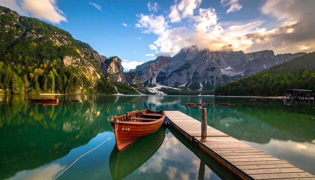 Serene lake landscape featuring a boat, dock, mountains and clouds