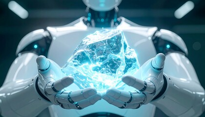 A close-up view of an intelligent robot holding a glowing crystal. The robot's hands gently cradle the transparent object, which is emitting a bright blue light