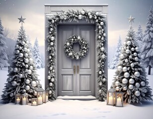 Elegant winter doorway with Christmas wreath, snowy trees, and glowing lanterns