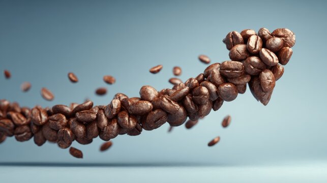 Roasted coffee beans are captured mid-flight, swirling in a dynamic formation against a calming blue backdrop, emphasizing their texture and color.