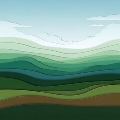 Fototapeta premium Stylized rolling green hills in a layered abstract landscape.