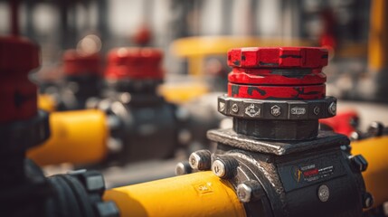 Fototapeta premium Close-Up View of Industrial Valve Assembly with Red and Yellow Pipes, Showing Different Valves and Fittings in Oil and Gas Industry Environment