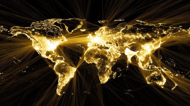 Vibrant Golden Representation of Global Connections Across Continents with Light Trails Signifying Data Sharing and Network Activity in the Modern World