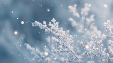 Naklejka premium Frost covered branches with gentle glowing light on blue background, delicate winter scene for seasonal nature design or greeting banner