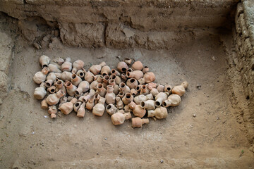 Ceramic vessels uncovered in an excavation at the Huaca Rajada archaeological site in Lambayeque, Peru