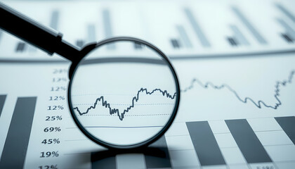 Analysis of financial trends with a magnifying glass over detailed graphs and charts in an office setting Generative AI