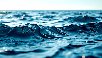 Waves gently rolling on a calm ocean surface with a clear sky above during the late afternoon light Generative AI