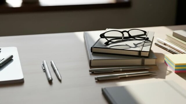 Close-up of desk arrangement notebooks, pens, glasses and sticky notes. Sunlight and shadows