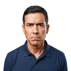 Obraz premium Confused middle-aged man with a worried and displeased facial expression, frowning deeply and looking directly at the viewer in a studio portrait.
