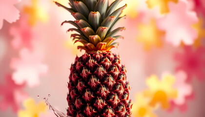 Juicy pineapple surrounded by vibrant flowers against a colorful background in a bright natural setting Generative AI