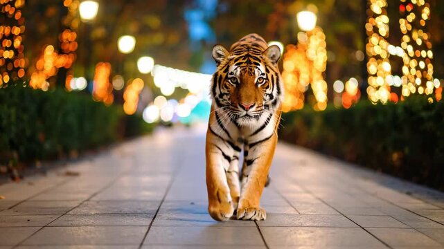 Striking tiger walking forward on a sidewalk illuminated by decorative string lights at dusk, showcasing orange and black stripes and animal grace.