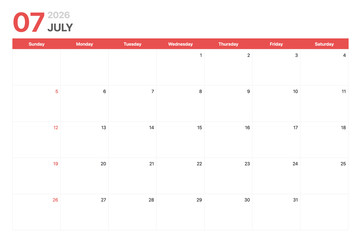 Calendar 2026. Calendar week 2026 starts on Sunday. Corporate minimalist clean calendar for July 2026