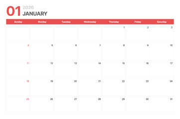 Calendar 2026. Calendar week 2026 starts on Sunday. Corporate minimalist clean calendar for January 2026