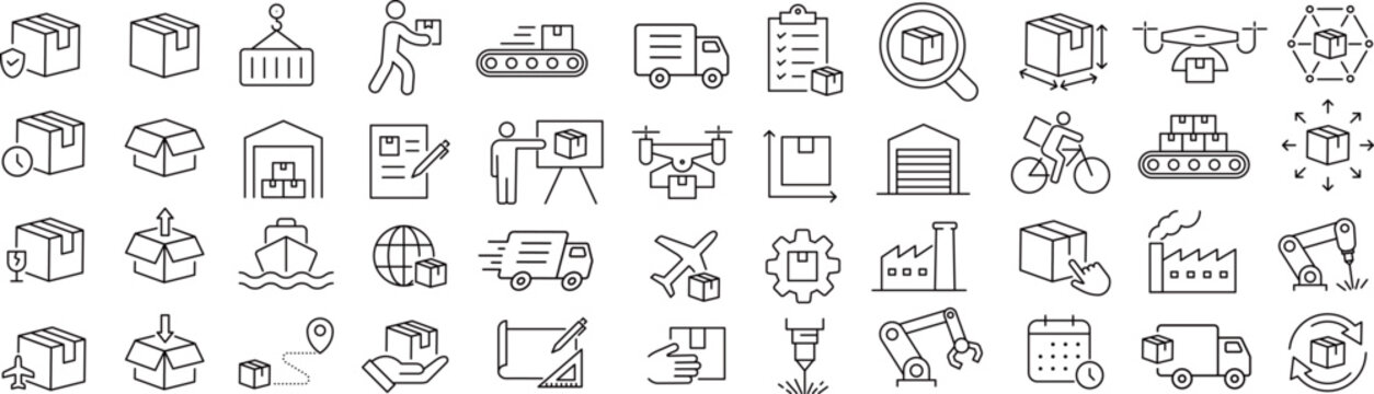 ベクターでモノクロの物流に関する線画アイコンセット
