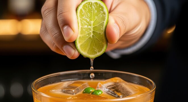 Bartender squeezing fresh lime into a cocktail with ice cubes - Powered by Adobe