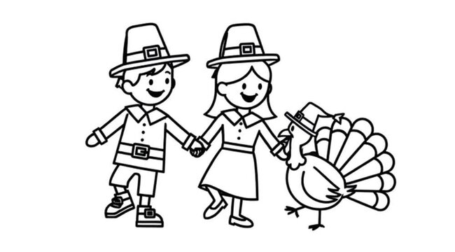 Thanksgiving Pilgrims and Turkey Cartoon Outline