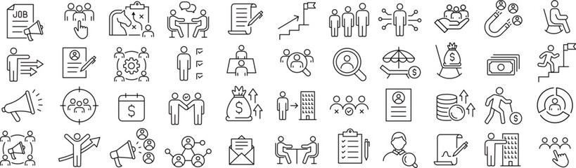 Naklejka na ściany i meble ベクターでモノクロの労務管理に関する線画アイコンセット  Naklejka na ściany i meble ベクターでモノクロの労務管理に関する線画アイコンセット