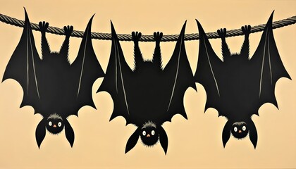 Artistic depiction of three bats hanging upside down on a rope against a pale background