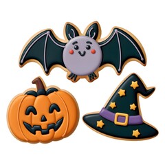 Delightful Halloween sugar cookies with a cute bat, pumpkin, and witches hat for spooky season treats